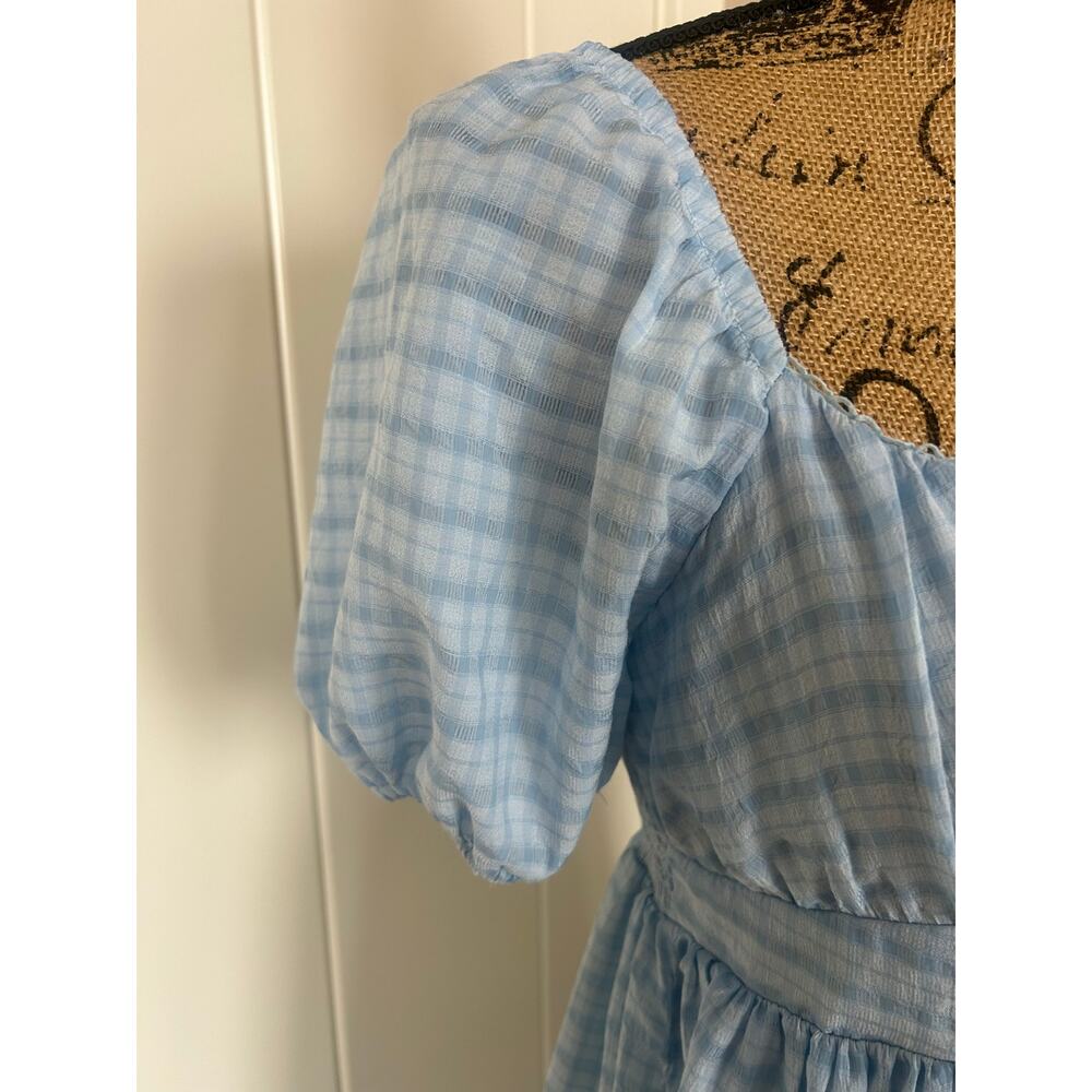 By The River Blue Plaid Smocked Boho Cottage Core Tiered Ruffle Dress Size S - Picture 4 of 9